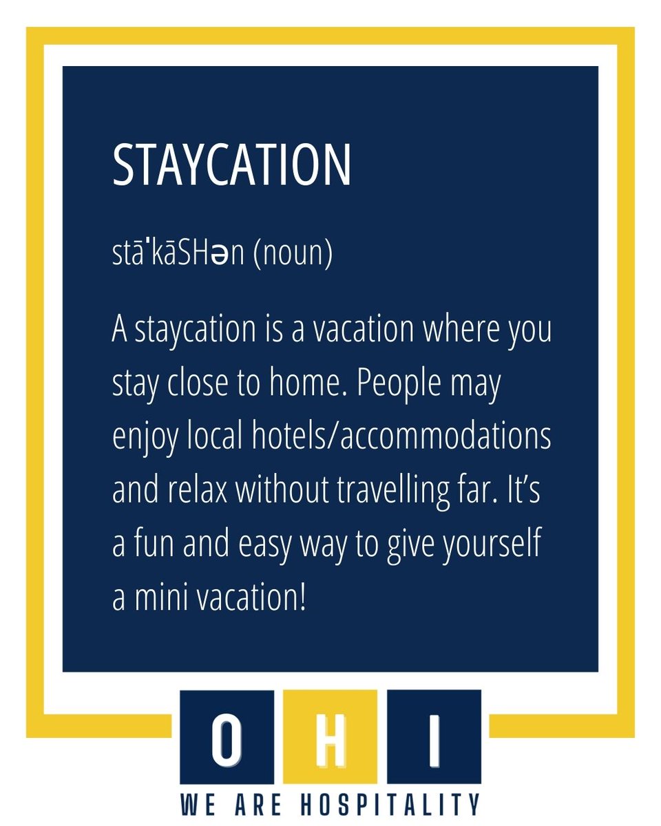 What is a Staycation? A staycation is a vacation where you stay close to home. People enjoy local hotels, or nearby accommodations, that provide them a break from their usual routine. 
 #Staycation #Localgetaway #HomeAwayFromHome #TravelLocal #hospitality #trends
