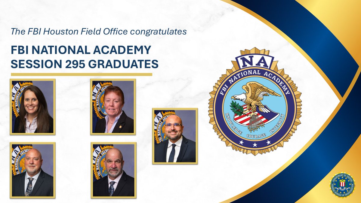 FBI Houston congratulates the following partners who graduated this week from the FBI National Academy:

▪️Lt. Heidi Rose, @HoustonPolice
▪️Capt. Samantha Baldwin, <a href="/CorpusChristiPD/">Corpus Christi PD</a>
▪️Sgt. David Ramirez, Alvin ISD Police Dept.
▪️Asst. Chief Kary Shaffer, <a href="/TAMUPolice/">Texas A&M Police</a>
▪️Capt.