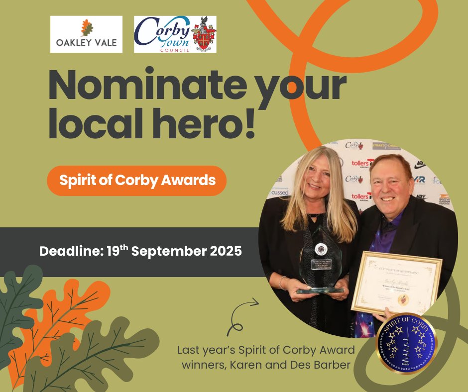 🌟 The Spirit of Corby Awards 2025 is back! 🌟

Organised by <a href="/Corby__TC/">Corby Town Council</a>, this is your chance to celebrate a local hero who makes a real difference. 🏆

Find out how to nominate here: 👇
ow.ly/lutY50WPyXS

#SpiritOfCorby #CommunityHeroes
