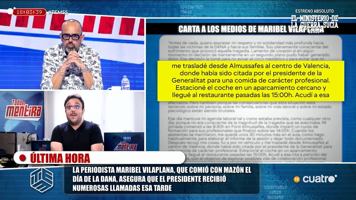todoesmentiratv's tweet photo. ÚLTIMA HORA 🚨🚨🚨🚨
La periodista Maribel Villaplana, que comió con Mazón el día de la Dana, asegura que el presidente recibió numerosas llamadas esa tarde
#TEM5S
https://t.co/GgQO0aWmxD https://t.co/KYbc3jZpmT