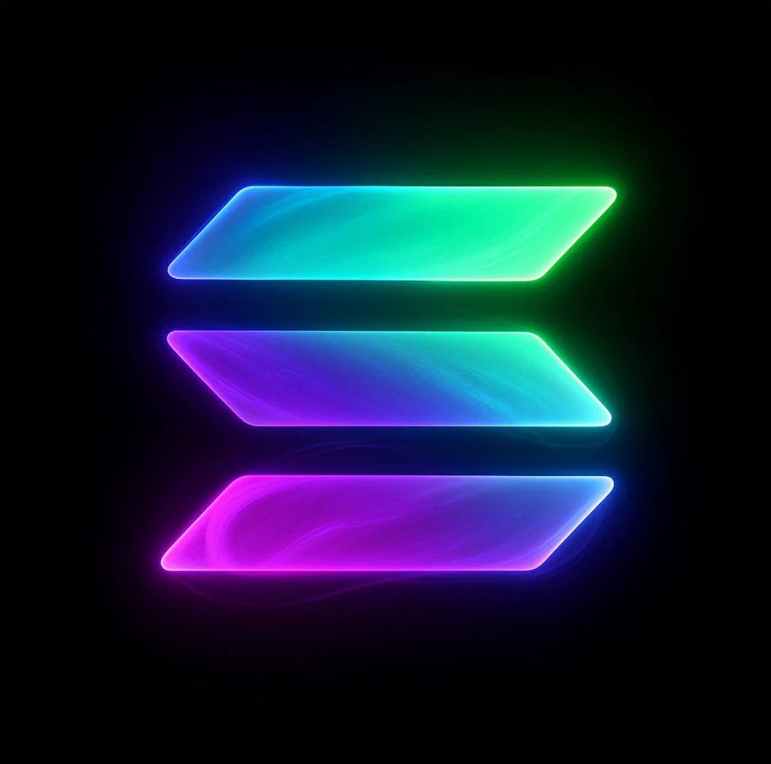 Glowing Solana logo with colorful bars on black background
