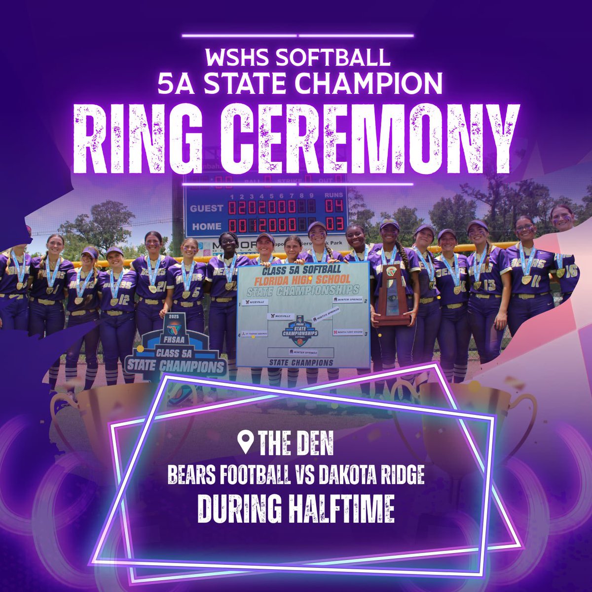 Come cheer on our WS Football team tonight at 7pm as they take on Dakota Ridge &amp; stick around at halftime as our 2025 5AState Champion Softball Team receives their championship rings! 💍🥎🐻

<a href="/WSBearAthletics/">WINter spRINGS ATHLETICS</a>