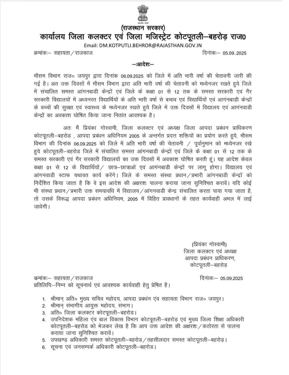 कल का अवकाश कोटपूतली बहरोड जिले के समस्त स्कूलों व आंगनबाड़ी केंद्रों का अवकाश