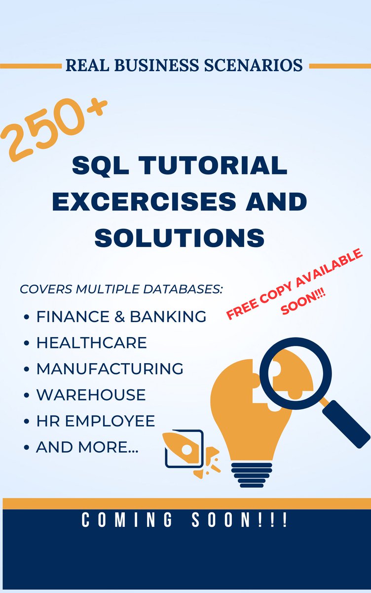 Eyowhite3's tweet image. More than 250 practical SQL business scenarios with solutions.
Multiple databases included.
Beginner to advanced level exercises:
Get from the thread for FREE.
