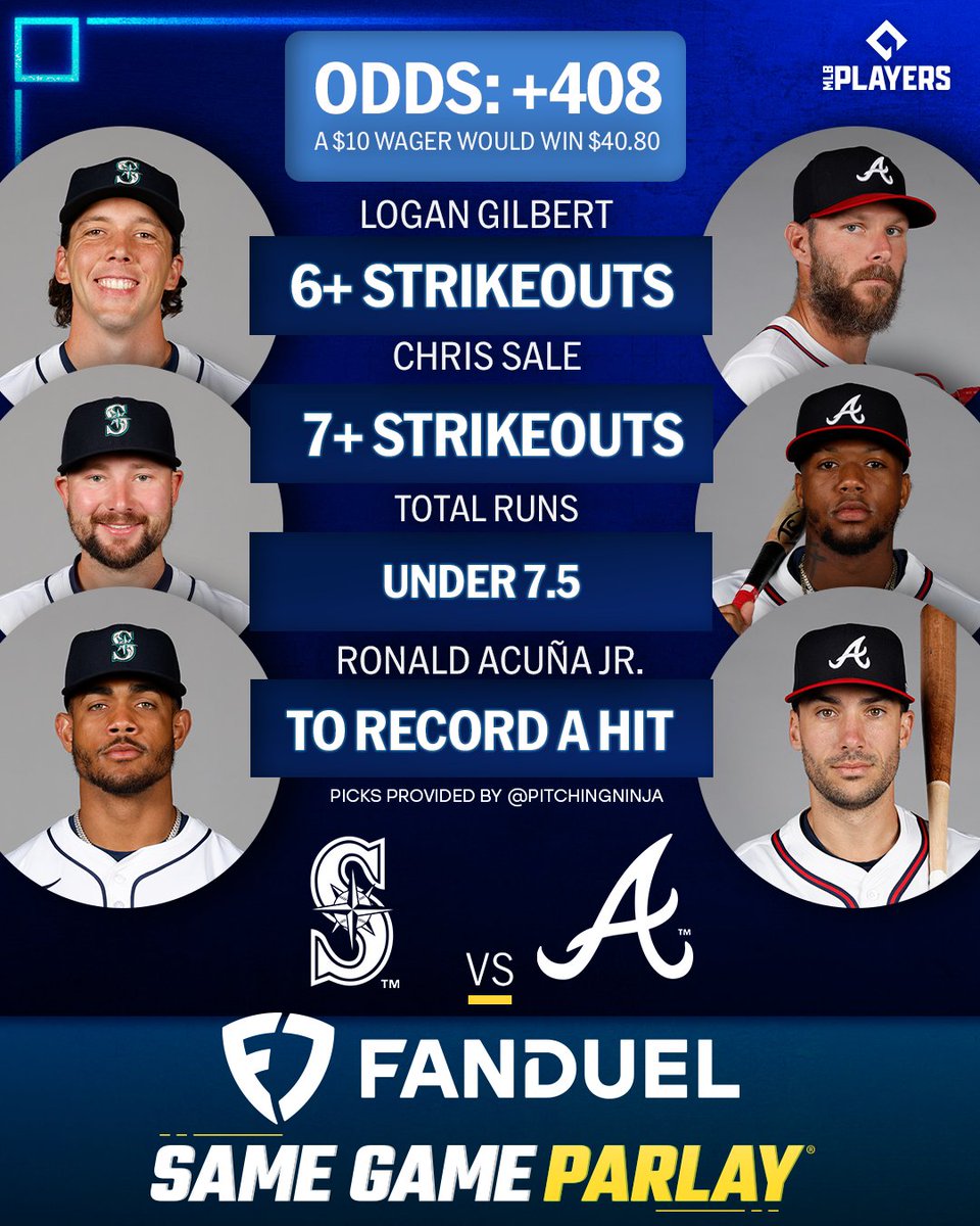 MLB Picks (@mlbpicks) on Twitter photo The <a href="/Mariners/">Seattle Mariners</a> begin a 3-game set in Atlanta against the <a href="/Braves/">Atlanta Braves</a>!
Odds via <a href="/FDSportsbook/">FanDuel Sportsbook</a>, picks via <a href="/PitchingNinja/">Rob Friedman</a> The <a href="/Mariners/">Seattle Mariners</a> begin a 3-game set in Atlanta against the <a href="/Braves/">Atlanta Braves</a>!
Odds via <a href="/FDSportsbook/">FanDuel Sportsbook</a>, picks via <a href="/PitchingNinja/">Rob Friedman</a>