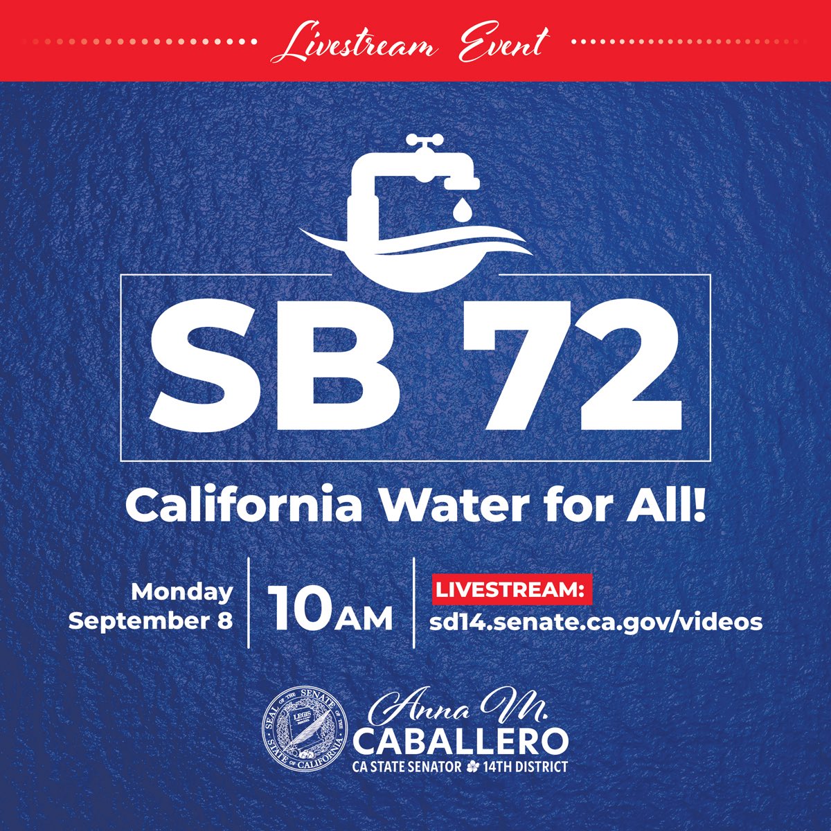 CASenCaballero's tweet photo. 🚨 Big news: My SB 72 has passed the Assembly &amp;  is headed to the Governor’s desk.

CA can’t afford the annual economic price tag of inaction—&amp; the environmental and community toll is even greater.

Join me 9/8/25 at 10:00 AM for a live-streamed press conference!

#WaterForAll https://t.co/1k6QPf8oF1