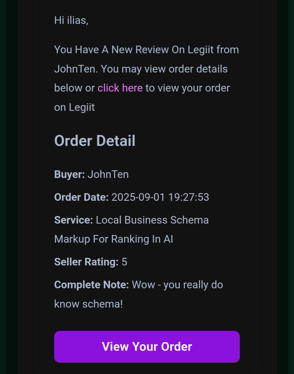 I got an Order on my newly published Schema Markup Service for Local Businesses on <a href="/legiitcom/">Legiit</a> and completed the first order with a Great 5 ⭐ Feedback from customer!

Service URL: legiit.com/ilias/local-bu…

#localbusiness #schema #freelanceseo #structureddata #json #RAG #AEO #seo