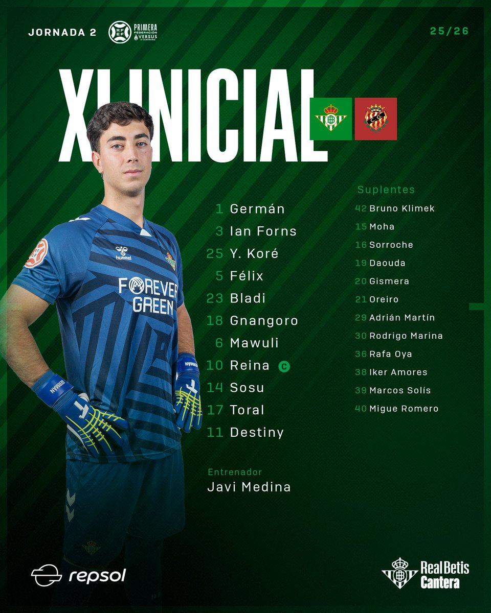 💚💪⚽

¡Este es nuestro once inicial para recibir al <a href="/NASTICTARRAGONA/">NÀSTIC DE TARRAGONA</a>!

🚑 Fabián Embalo, Masqué, Borja Alonso, Busto y Yanis son bajas por lesión.

#BetisDeportivo #CanteraBetis