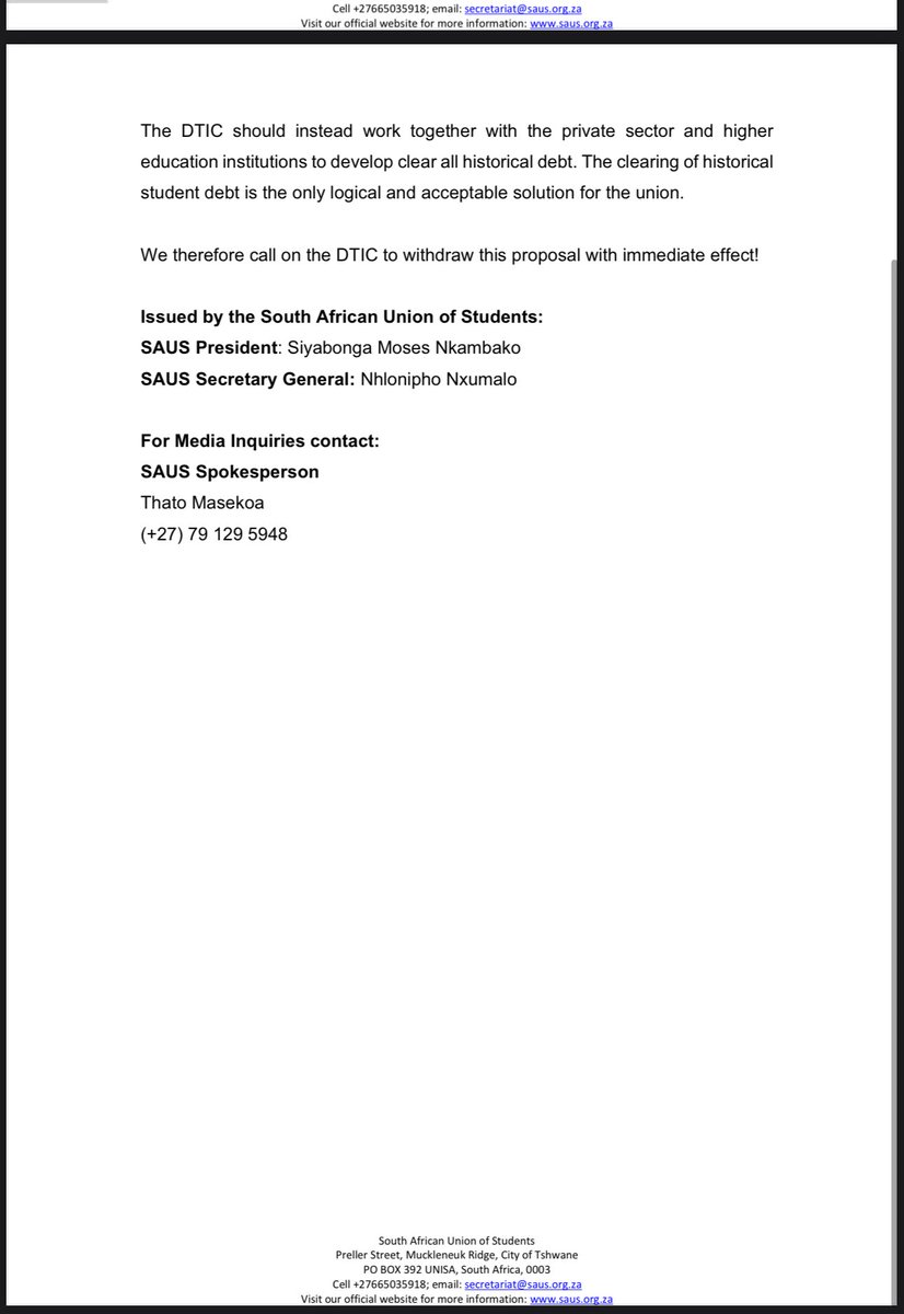 SAUS REJECTS NATIONAL CREDIT ACT PROPOSED AMMENDMENTS TO LIST
STUDENT DEBT WITH CREDIT BUREAUS