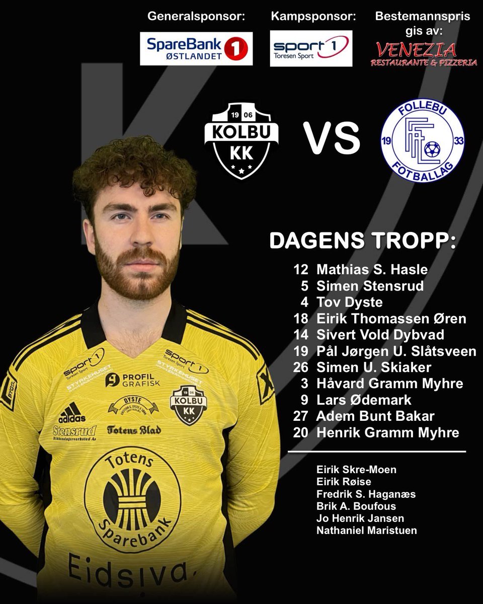 Straks klart for avspark i kveldens 4. divisjonskamp🤩 Motstander er Follebu⚽️ Avspark klokken 19.00 på KK-plassen😃 Kampsponsor er Sport1 Toresen🙌 Bestemannsprisen gis av Venezia Restaurante &amp; Pizzeria Lena🍕 Vi stiller følgende lag: