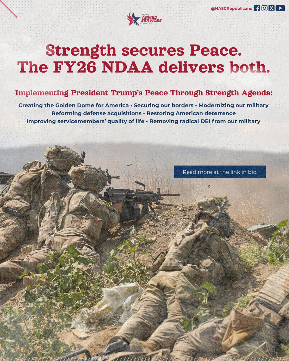 Congressman John McGuire (@repjohnmcguire) on Twitter photo President Trump & <a href="/HASCRepublicans/">Armed Services GOP</a> are committed to a Peace Through Strength Agenda. The #FY26NDAA makes America more secure by:
✅Securing our borders
✅Modernizing our military
✅Restoring American deterrence
✅Improving warfighter quality of life President Trump & <a href="/HASCRepublicans/">Armed Services GOP</a> are committed to a Peace Through Strength Agenda. The #FY26NDAA makes America more secure by:
✅Securing our borders
✅Modernizing our military
✅Restoring American deterrence
✅Improving warfighter quality of life