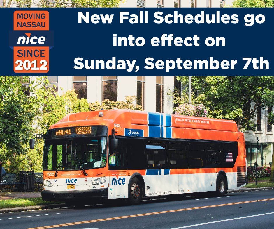 #NICEALERT
Our new Fall Schedules go into effect this Sunday, September 7th.
We have made slight frequency adjustments based on anticipated increases in fall traffic, back to school congestion,
and changes in fall ridership patterns and habits.
 Visit 
nicebus.com/Passenger-Info…