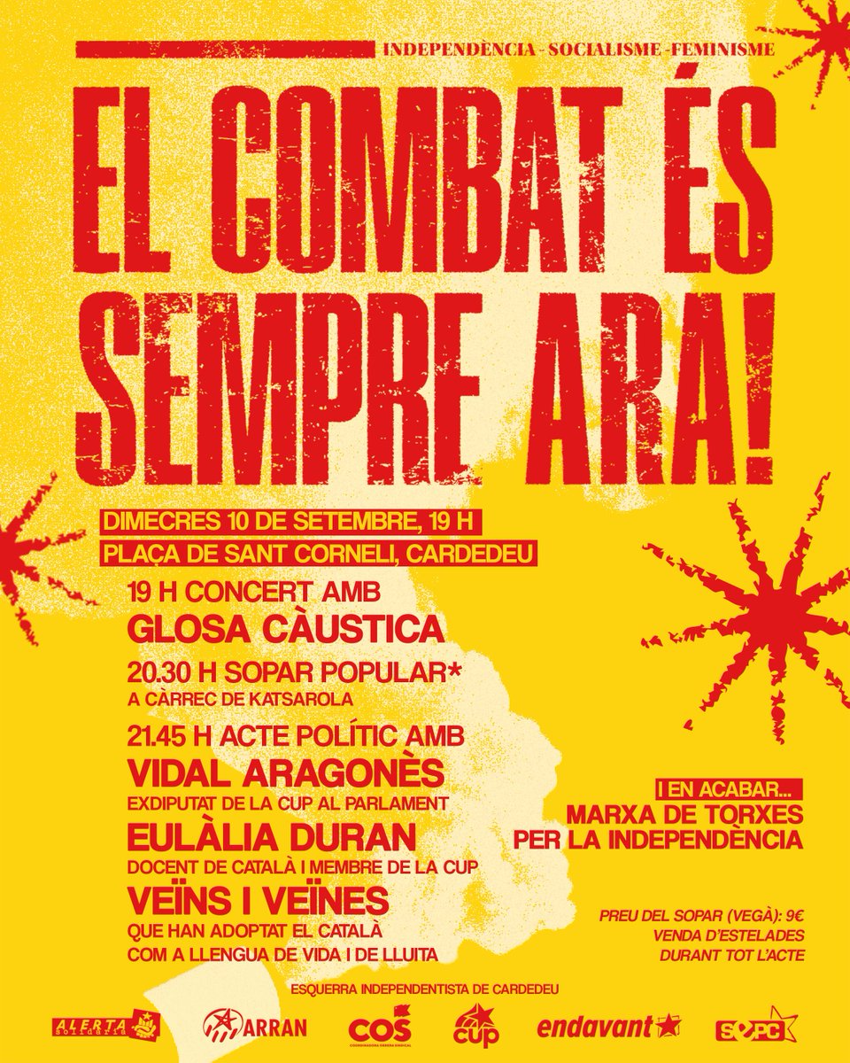 ‼️Un any més, l'Esquerra Independentista de Cardedeu organitzem la prèvia a la #Diada25 
Enguany amb <a href="/VidalAragones/">Vidal Aragonés</a>, <a href="/eulaliadubr/">Lali</a> i veïnes del poble que han adoptat el #català com a llengua de vida i lluita!👅
🔥En acabar, Marxa de Torxes per la #independència
El combat és ara!✊