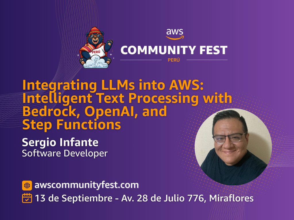 ¡Domina la integración de LLMs en AWS! 🚀

Nos emociona anunciar a Sergio Infante, Software Developer, el te mostrará un caso real de integración de modelos de lenguaje en un flujo de procesamiento de texto.

Regístrate ahora mismo: 👉  awscommunityfest.com