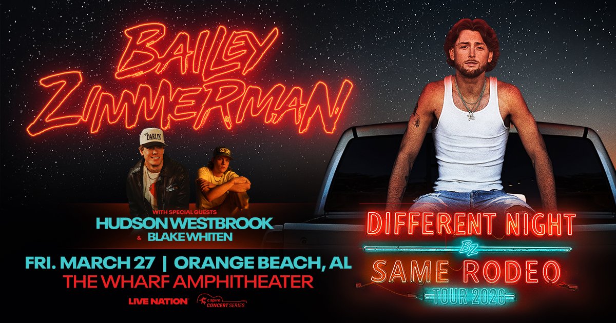 GET READY! 🔥 <a href="/baileyzimmerman/">⚡️Bailey Zimmerman⚡️</a> is coming to The Wharf Amphitheater on Friday, March 27 with <a href="/HudsonWMusic/">Hudson Westbrook</a> &amp; Blake Whiten for the Different Night Same Rodeo Tour 2026! 😎 Get tickets this FRIDAY at 10am local!

Part of the <a href="/CSpire/">C Spire</a> Concert Series 🎸