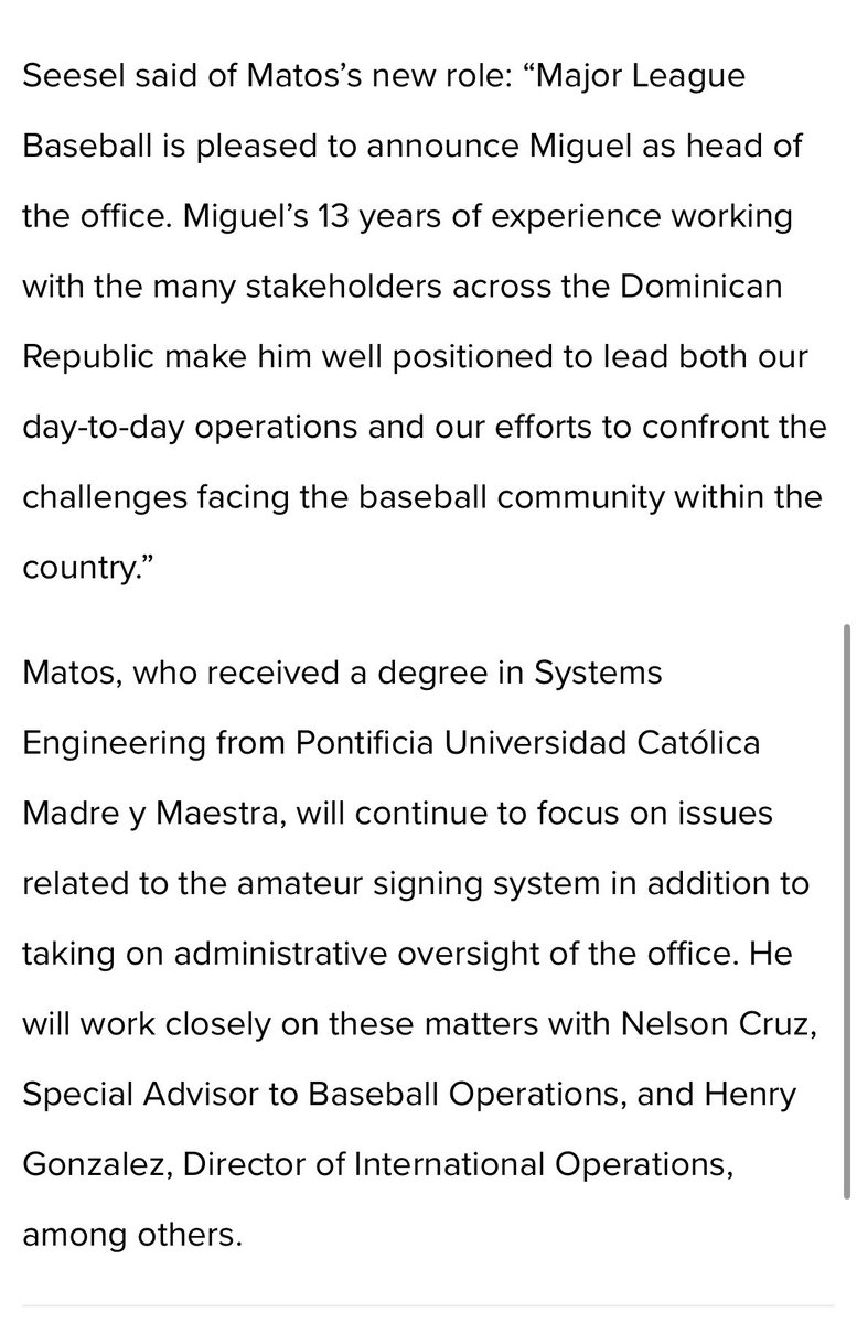 Nephew of <a href="/LGSabinaMatos/">Lt. Gov. Sabina Matos</a> named head of <a href="/MLB/">MLB</a> in the DR ⚾️
