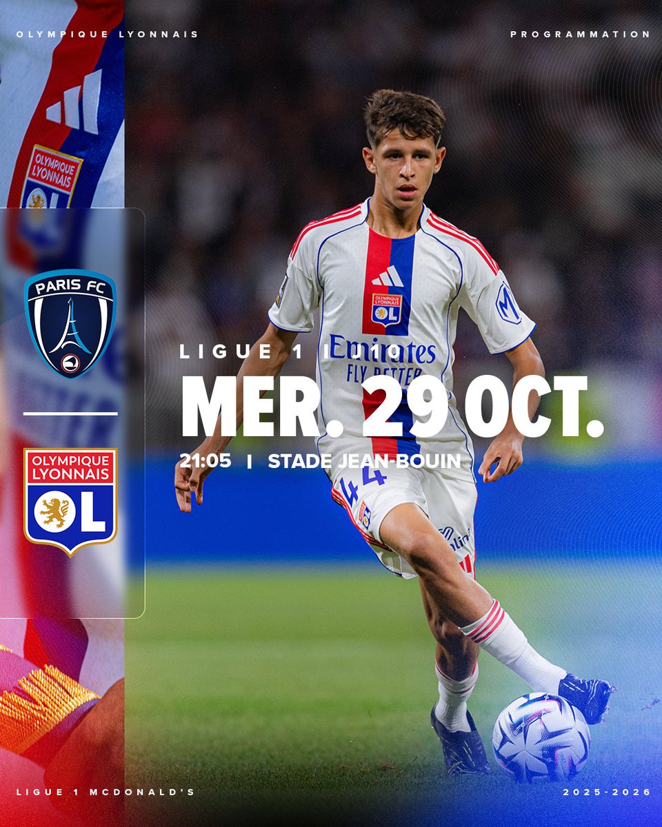 OL's tweet image. 🚨 #Programmation 📆
Nous nous déplacerons sur la pelouse du Paris FC le mercredi 29 octobre pour le compte de la 10e journée de @Ligue1 👊🔴🔵
Coup d'envoi à 21h05 ⚽
Match diffusé sur @ligue1plus 📺
#PFCOL