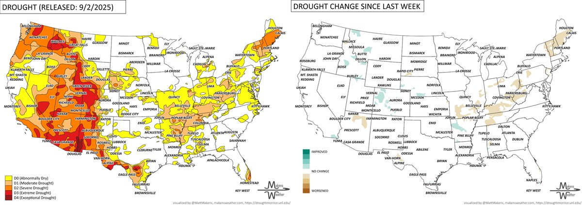 🚨Drought Update – Sept 5, 2025

% of Commodities in Drought:
📍Alfalfa Hay: 27%
📍Cattle: 18%
📍Hay: 24%
📍Hogs: 5%
📍Milk Cows: 26%
📍Sheep: 32%

#drought #ag #beef