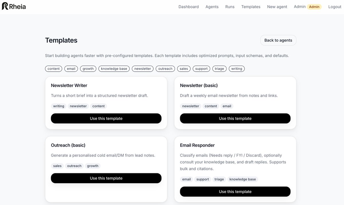 Nicolanzi's tweet photo. Rheia Day 15 update:
- Newsletter Writer agent fully live (brief → outline → draft).
-End-to-end tested with Vitest + Playwright.
- CI pipeline running green on GitHub Actions.

The loop is closed: seed -> run -> callback -> DB/UI -> test -> CI

Next up: Spreadsheet Agent. https://t.co/tIJCIGwfL5