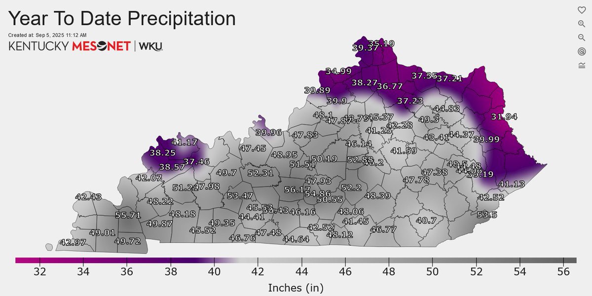 A check of rainfall amounts since Tuesday. More showers &amp; storms is in the offing later today.
Year-to-date precip shows nearly a dozen sites &gt; 50", which is roughly the state average for an entire year. For many, however, a good portion of that precip fell between Jan-June.#kywx