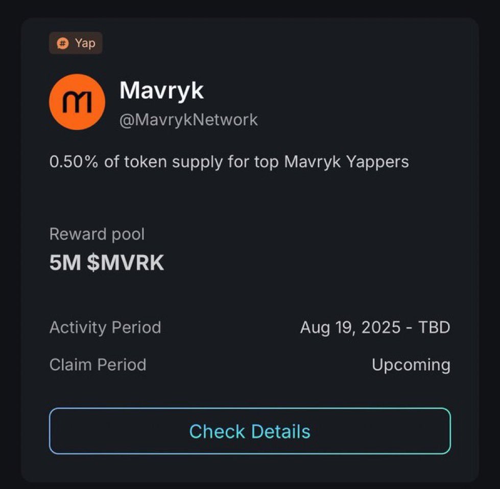FREE ALPHA!
Yap about <a href="/MavrykNetwork/">Mavryk Network | Tokenizing $10B in RWAs</a> for 13 days, engage with their community, and thank me on Sept 18 ($MVRK TGE)! 

<a href="/MavrykNetwork/">Mavryk Network | Tokenizing $10B in RWAs</a> is a Layer 1 blockchain tokenizing $10B+ in RWAs like luxury real estate, aiming for $40B with DeFi. 
⬇️