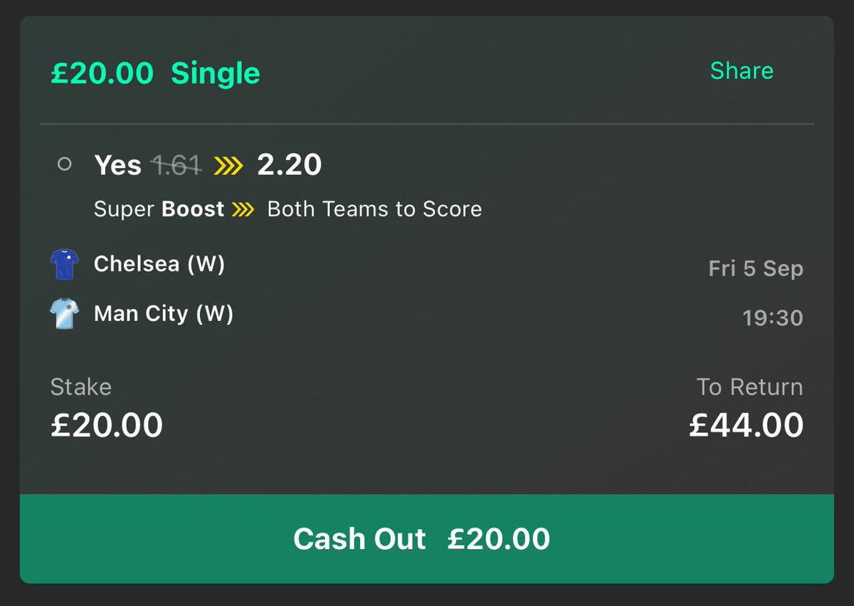 BarneyBets's tweet image. 🤑 CASH GIVEAWAY 

I’m backing the super boost on the Chelsea (W) vs Man City (W) women’s Super League game this evening.  

If it wins, I’m giving £20 away to someone who: 

LIKES ❤️ and REPOSTS ♻️ this post. 

Must be following @BarneyBets to enter.