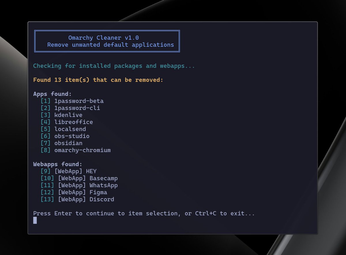 I love Omarchy, but wanted a way to quickly remove default apps/webapps I don't need to make it my own, so I created Omarchy Cleaner. Check it out: github.com/maxart/omarchy… #Omarchy #Linux (I hope you don't mind <a href="/dhh/">DHH</a> 😀)