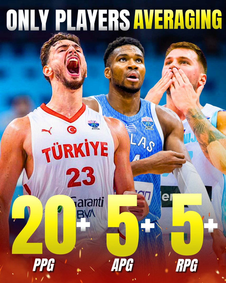 Eurohoopsnet's tweet photo. 🔥Players averaging 20+ PPG, 5+ RPG, 5+APG at #Eurobasket 2025 :

🇹🇷 Alperen Sengun 
🇸🇮 Luka Doncic 
🇬🇷 Giannis Antetokounmpo 

End of the list. https://t.co/BX0HEdzz6F