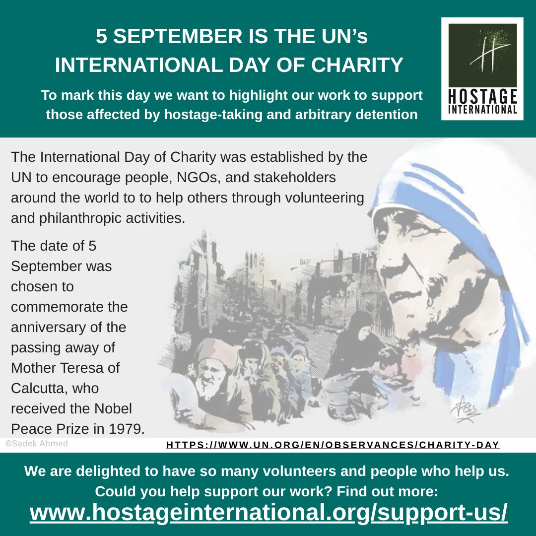 It's the @United Nations #InternationalDayofCharity.  As such, we want to highlight the work of our volunteers around the world and all those who support the work of our #charity. #Thankyou all! Could you help #support people affected by #hostage situations?