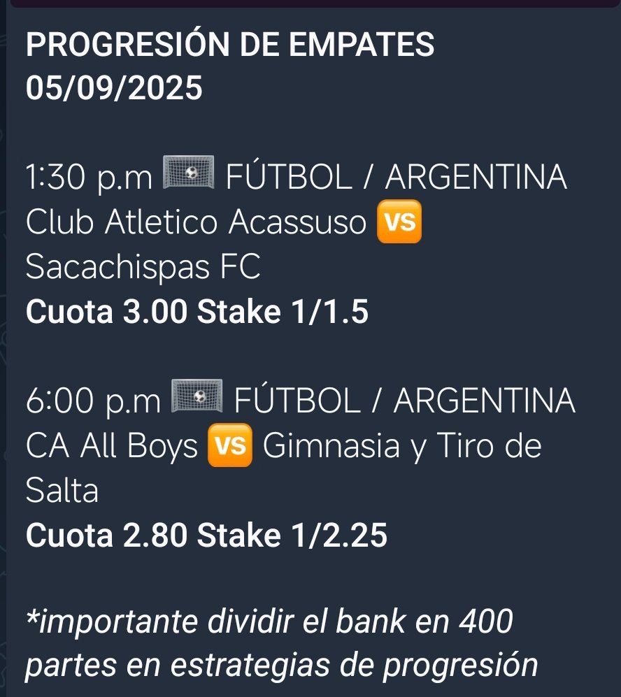 Flecha_Picks's tweet photo. Regresamos con las progresiones de empates ⚽
#deportivas #apuestas #apuestasdeportivas https://t.co/pZPNP4Vb9d