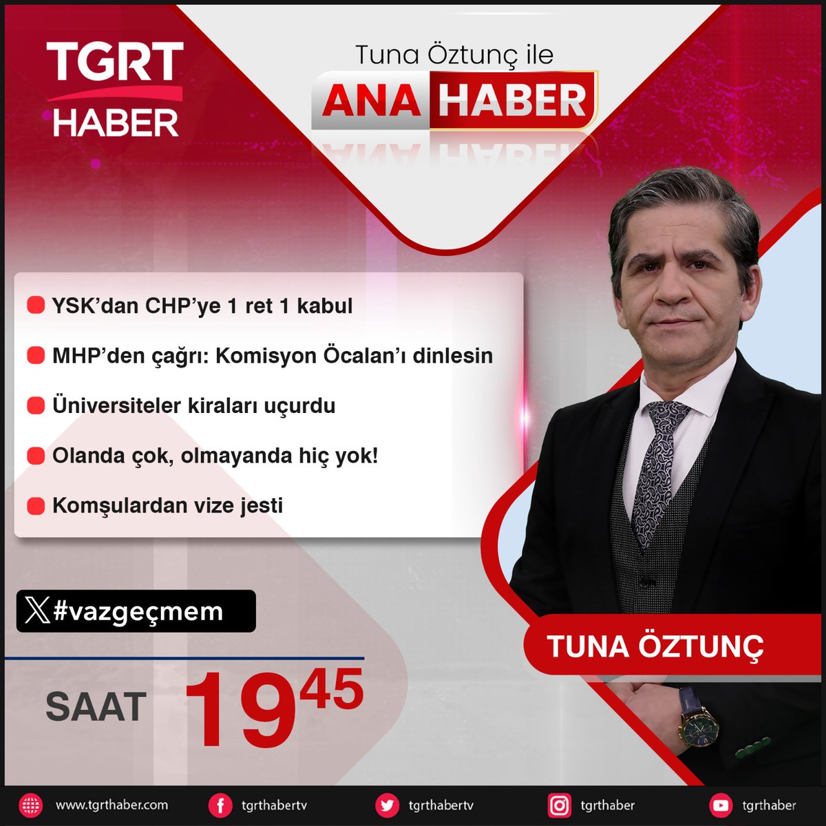📌YSK’dan CHP’ye 1 ret 1 kabul 

📌MHP’den çağrı: Komisyon Öcalan’ı dinlesin

📌Üniversiteler kiraları uçurdu 

📌Olanda çok, olmayanda hiç yok!

📌Komşulardan vize jesti

#vazgeçmem etiketine yazın canlı yayında okunsun
<a href="/tunaoztunc/">Tuna Öztunç</a>