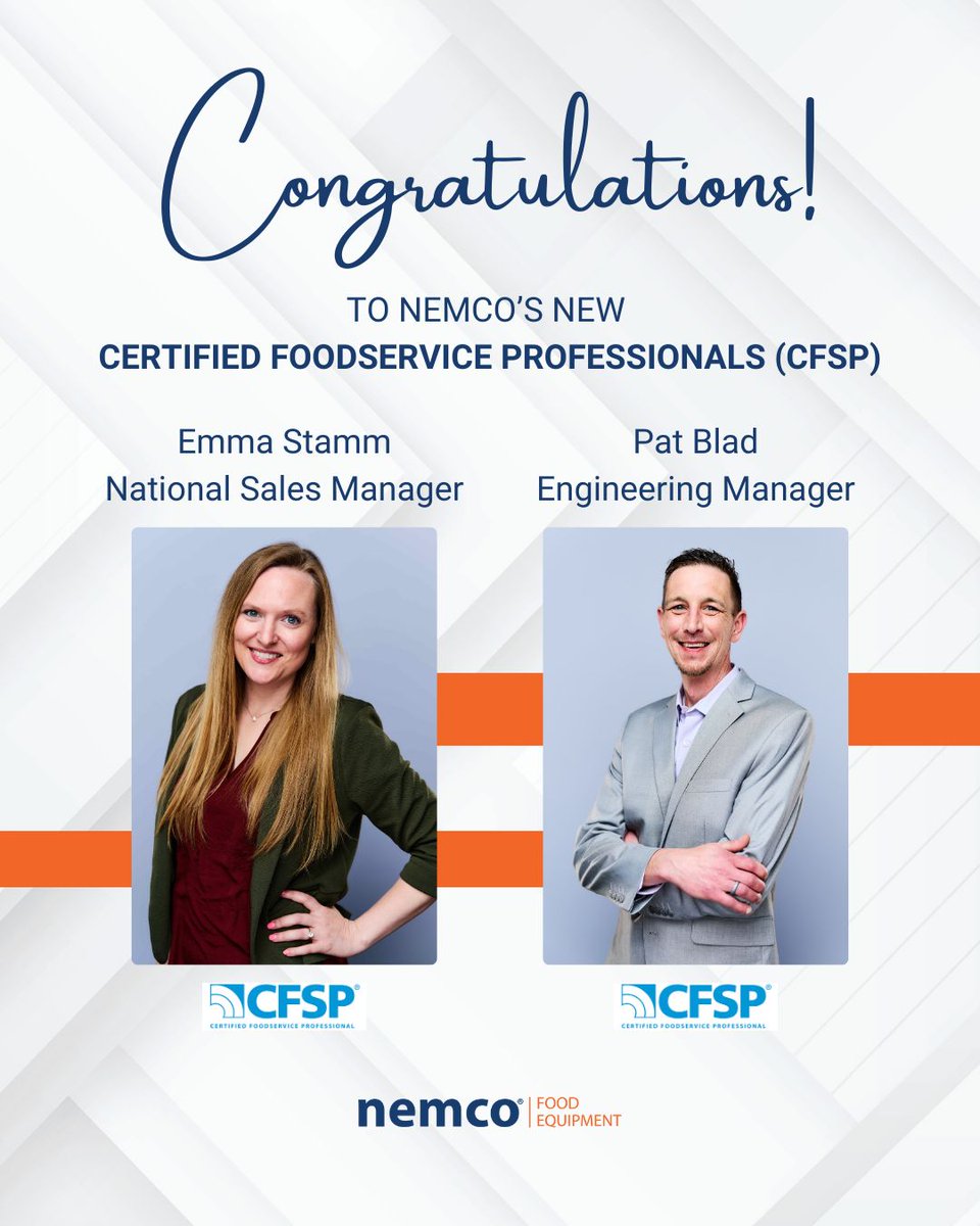 Congratulations to Emma Stamm and Pat Blad on earning their Certified Foodservice Professional (CFSP) credential! 🎉  At Nemco, we’re proud to support our team’s professional development and invest in the success of our industry.

#TeamNemco #FoodserviceExcellence #CFSP #NAFEM