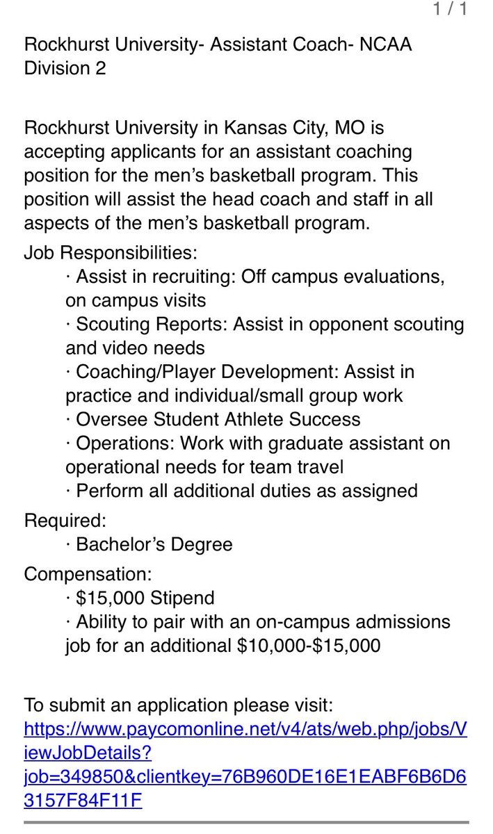 Looking for the next great addition to our staff! Rockhurst University Men’s Basketball has an opening for an Assistant Coach. Great opportunity to make an impact on our program! 
📌 Details below.
👉 Apply here: 
paycomonline.net/v4/ats/web.php…