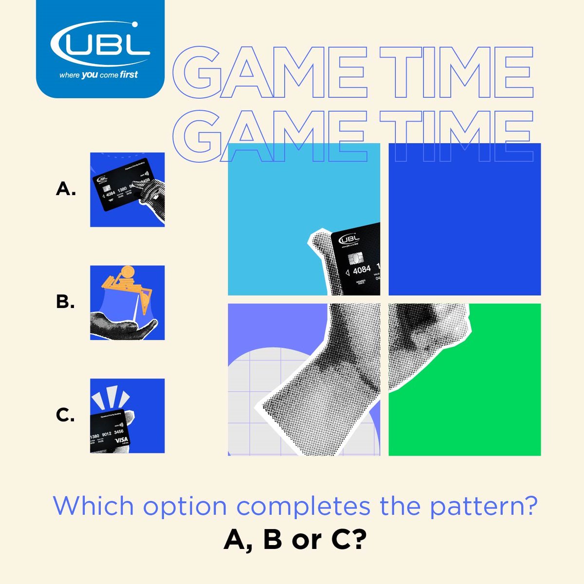 UBLDigital's tweet photo. Put your puzzle-solving skills to the test! We've got a challenge for you: Which UBL card fits perfectly to complete the grid? Drop your answer—A, B, or C—below!
#UBL #UBLBank #BrainTeaser #SolveThePuzzle #GameTime #ChallengeAccepted
#BestDigitalBank #BestInDigitalInnovation https://t.co/UKFJcZvj9u