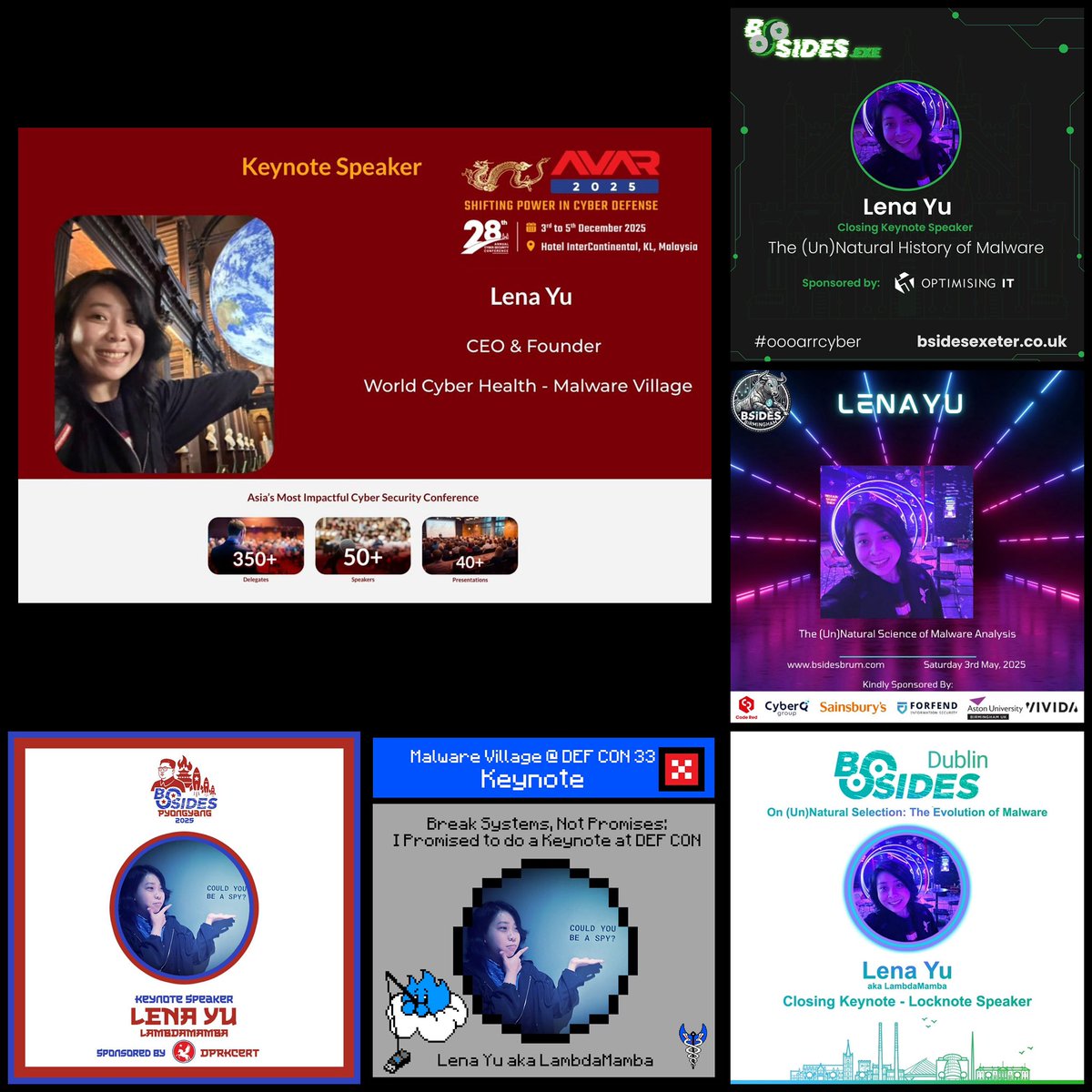 My 2025 keynotes! 🗣️

April 26: <a href="/BSidesExeter/">BSides Exeter</a>

May 3: <a href="/BrumBsides/">BSides Birmingham (UK)</a>

May 24: <a href="/BSidesDublin/">Security BSides Dublin</a>

Aug 8: @DEFCON <a href="/MalwareVillage/">Malware Village</a> 

Nov 18: <a href="/BSidesPyongyang/">BSides Pyongyang</a>

Dec 3: AVAR (<a href="/avar_asia/">AVAR Asia</a>)