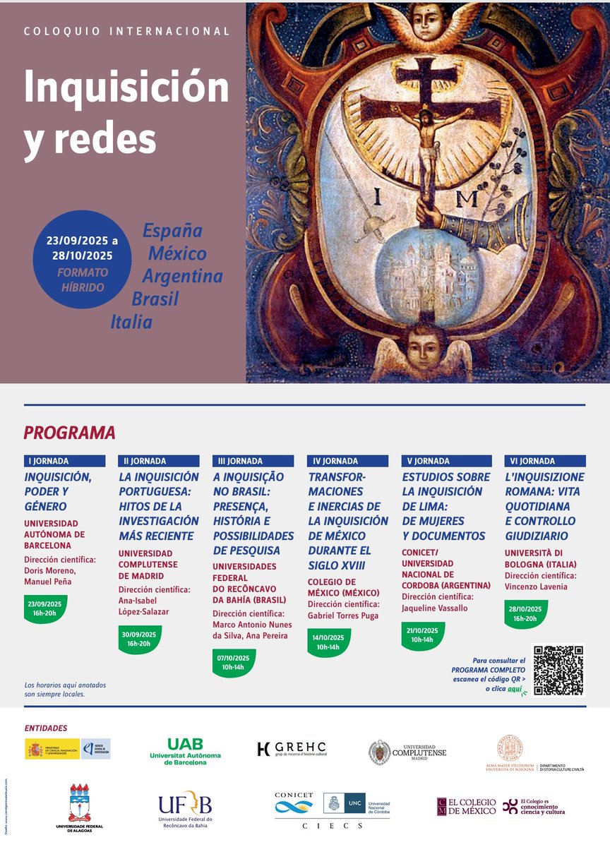 ¡Seguimos con las novedades! 🆕📜

Compartimos información sobre la celebración del Coloquio internacional "Inquisición y redes", que se celebrará en formato híbrido entre España, México, Brasil e Italia entre el 23 de septiembre y el 28 de octubre de 2025.