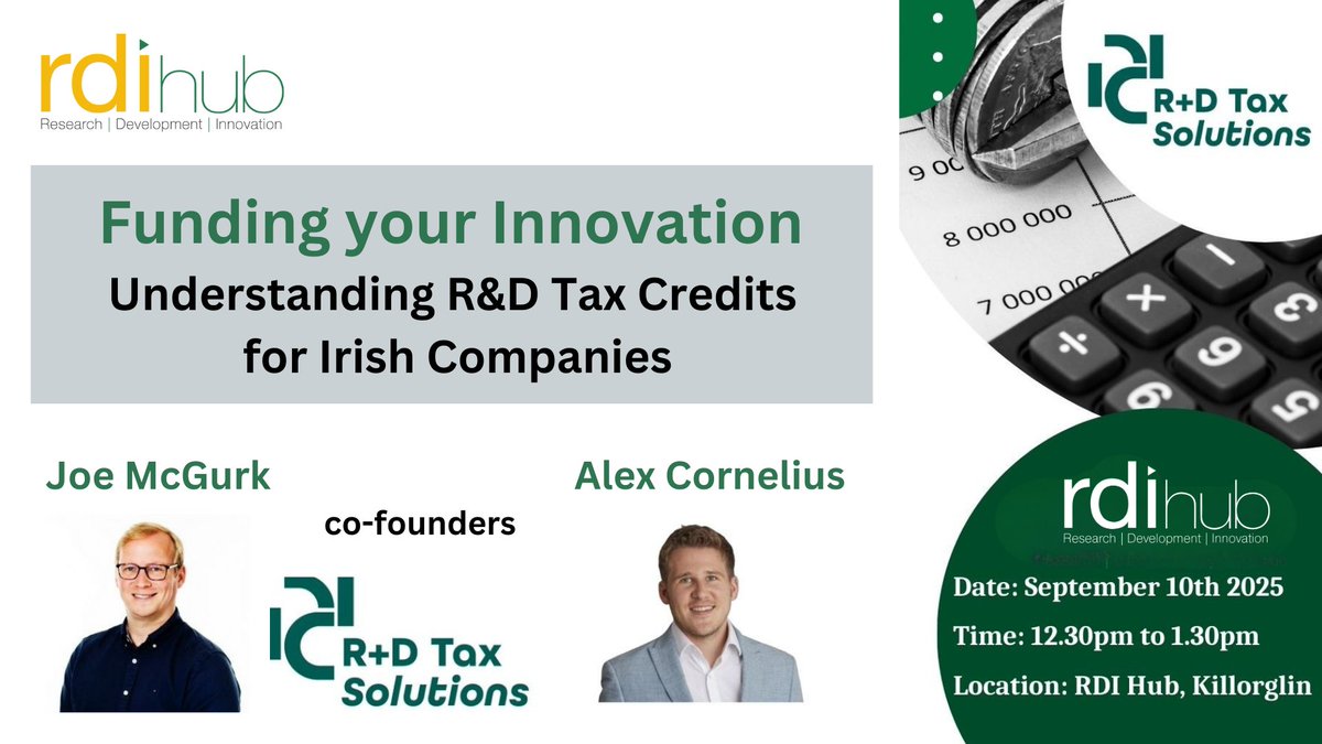 RDIhubIreland's tweet image. 🚀 Join us at RDI Hub #OpenDay  – Wed, Sept 10!
💼 Work from our space, meet the team &amp;amp; join our Lunch &amp;amp; Learn: Funding Your Innovation, R&amp;amp;D Tax Credits for Irish Businesses
🕧 12:30-1:30pm
👉 bit.ly/40pbsKD

#LunchandLearn #ComeVisit #Hublife #DayPass #FreeEvent #Kerry