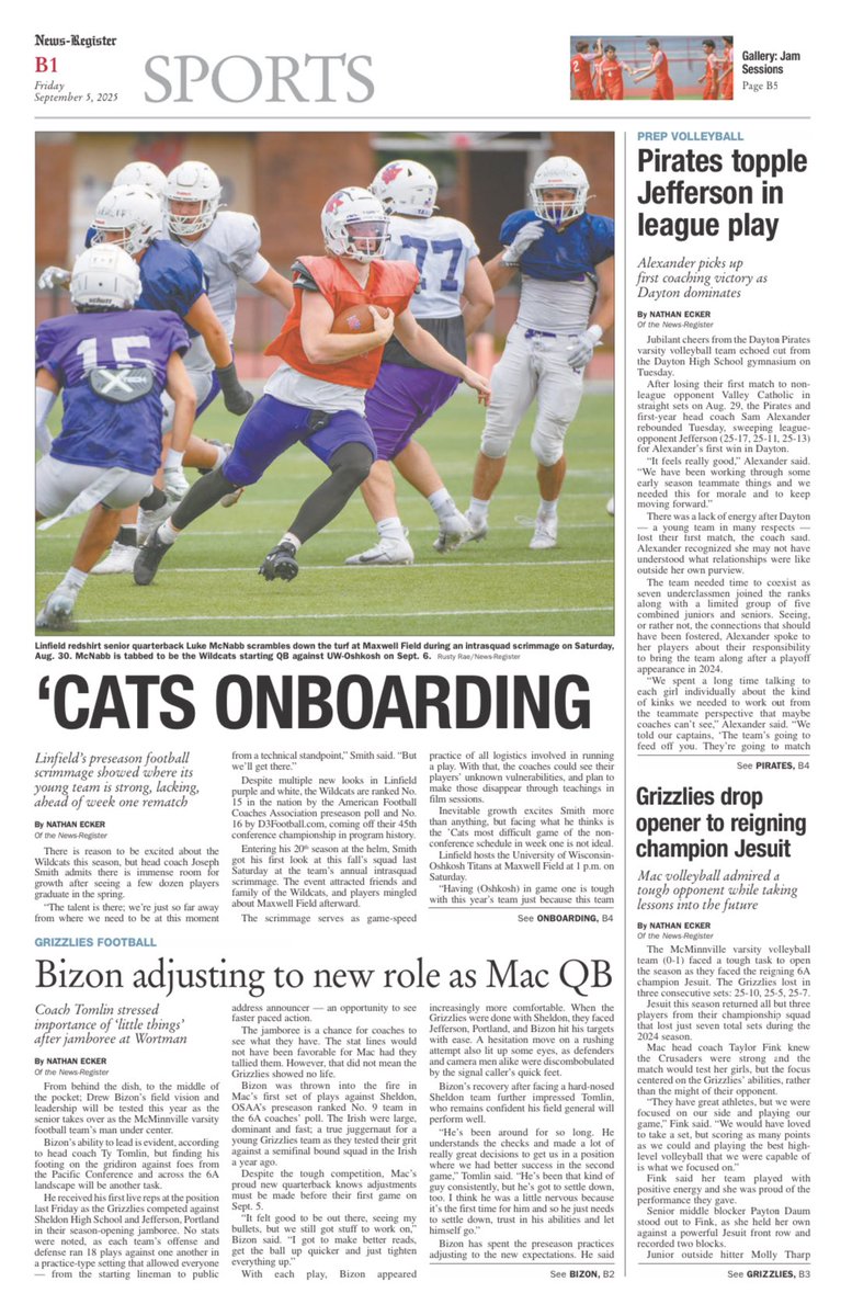 NewsRegSports's tweet image. It’s Friday! Which means a new edition of the News-Register is live as week one of Oregon high school football commences. Here’s a sneak peak at this week’s spreads. Full stories can be found at newsregister.com/cat-local-spor…
#opreps