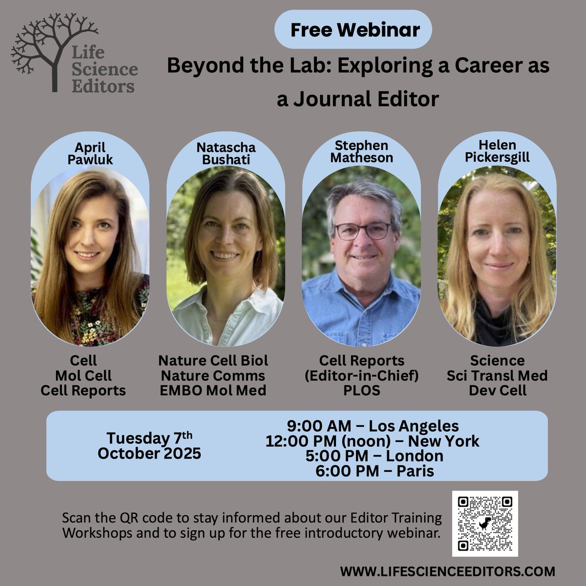 excited to join this panel for a free webinar on the journal editor career path hosted by Life Science Editors, coming up on October 7. scan the QR code in the image or visit lifescienceeditors.com to learn more and register!
