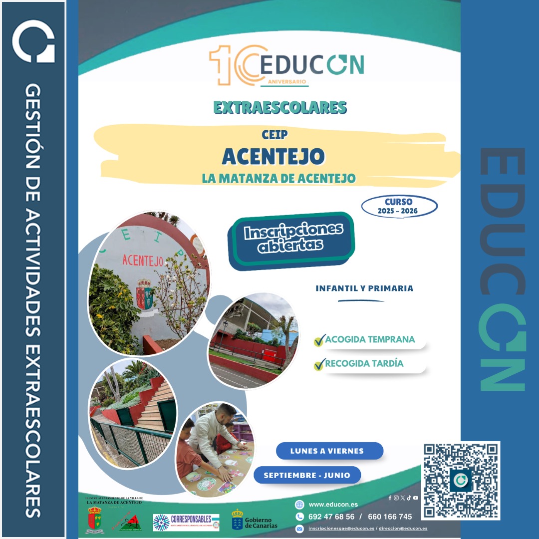 📍 CEIP Acentejo – Matanza de Acentejo
Curso Escolar 2025–2026
Queridas familias:
Desde EDUCO
🧾 Puedes inscribirte ya en: educon.es/Inscripciones
📲 ¡Plazas limitadas, no te quedes fuera.
💙 En EDUCON trabajamos para apoyar a las familias, ofrecer espacios seguros y dinámicos.