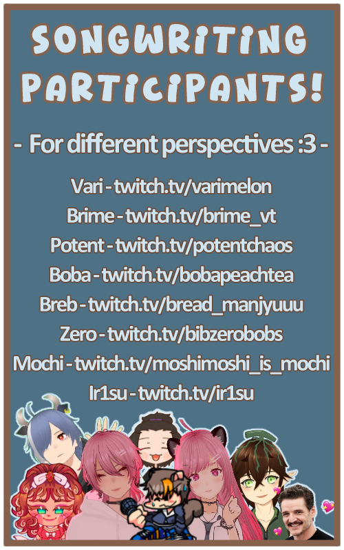 Big Event Tomorrow!!

7 PM EST!!

Songwriting Collab!!

Don't forget to put in your topic submissions! We're at 37! Keep em' coming!

#vtubers #livemusic