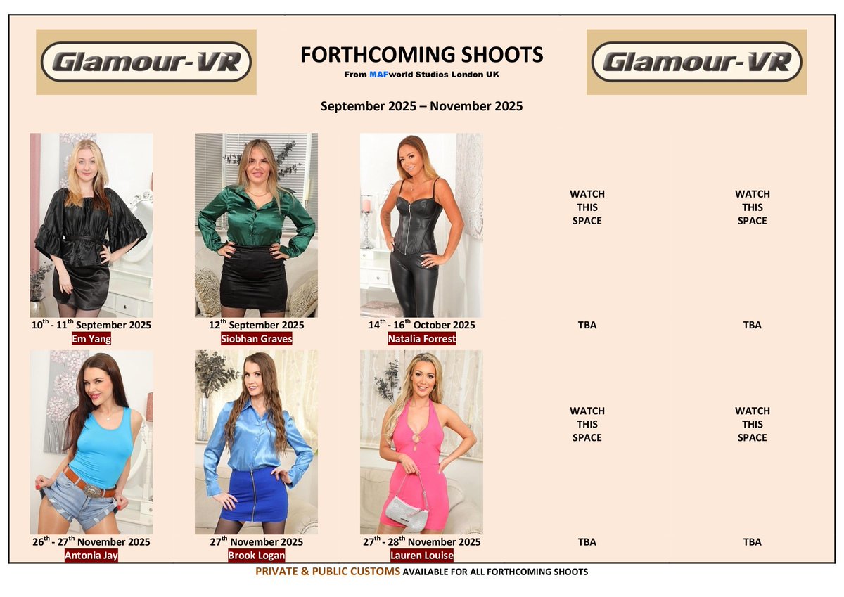 FORTHCOMING SHOOTS for Glamour-VR.com
from 📸📷📹<a href="/MAFWorld/">Mike</a> 🏡

🚺 <a href="/SiobhanGraves28/">Miss Graves</a> <a href="/emyangofficial/">Em Yang</a> <a href="/NataliaForrest1/">Natalia Forrest TOP 0.3% of ALL CREATORS⭐️⭐️⭐️⭐️⭐️</a> <a href="/Antoniajay11/">Antoniajay</a> <a href="/XxBrookLogan/">Brook Logan</a> <a href="/laurenlouise228/">Laurenlouise 💖 (DATING NAKED UK)</a>

🌐 glamour-vr.com/pages.php?id=c…
🙌 <a href="/bringbackpage3/">Bringbackpage3</a> <a href="/Page3Classics/">Page3Classics</a> <a href="/iamtipchris/">TIP Chris</a>