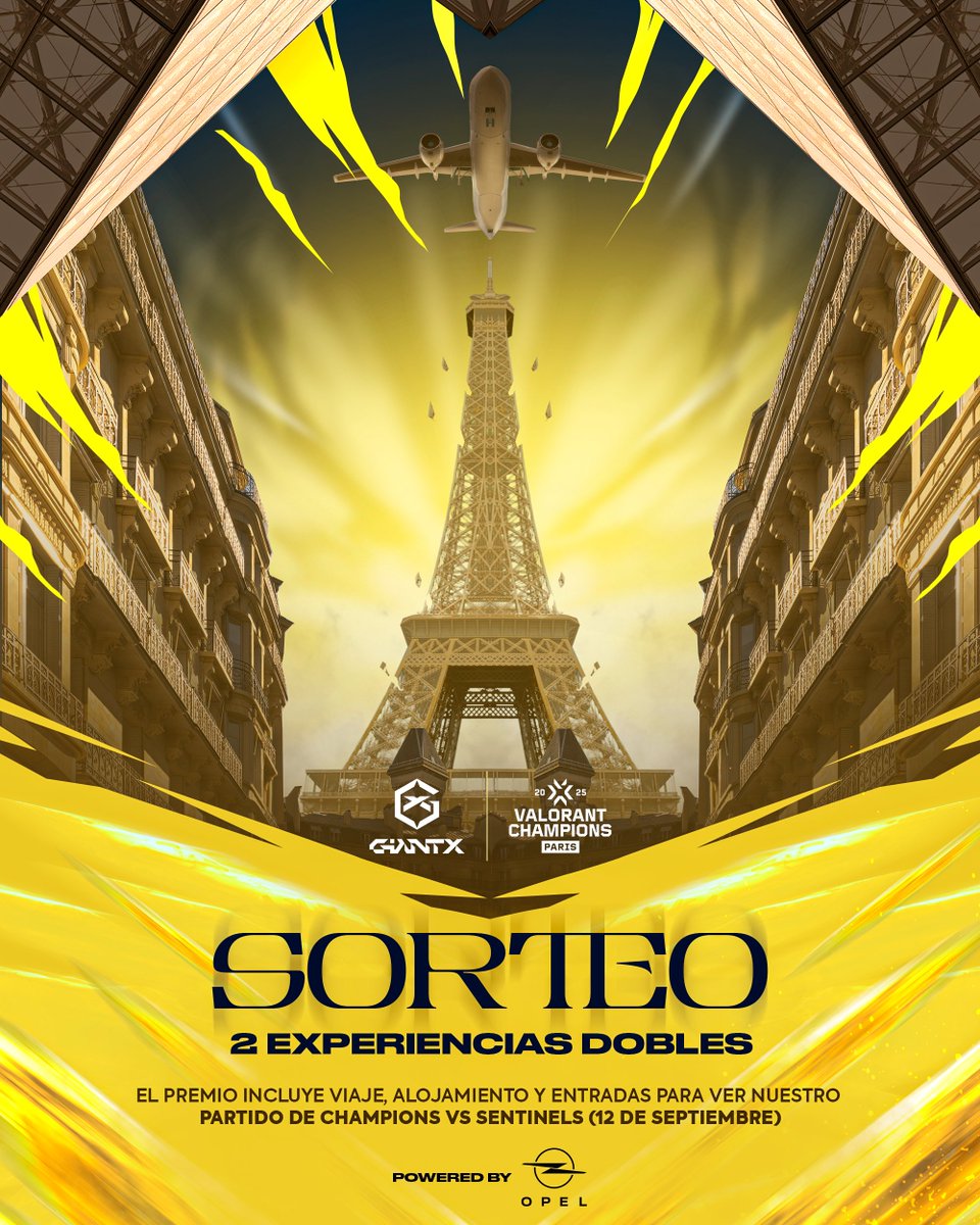¡VIAJA A PARIS GRACIAS A OPEL! 🇫🇷

Sorteamos 2 experiencias dobles para ver nuestro primer partido en #VALORANTChampions

Para participar:
✅ Sigue a <a href="/GIANTXVALORANT/">BUY THE GX BUNDLE</a> y a <a href="/Opel/">OPEL</a> 
💙 + 🔁 a este post
💬 Menciona con quién te gustaría ir

🗓️ Válido hasta el 9 de septiembre.