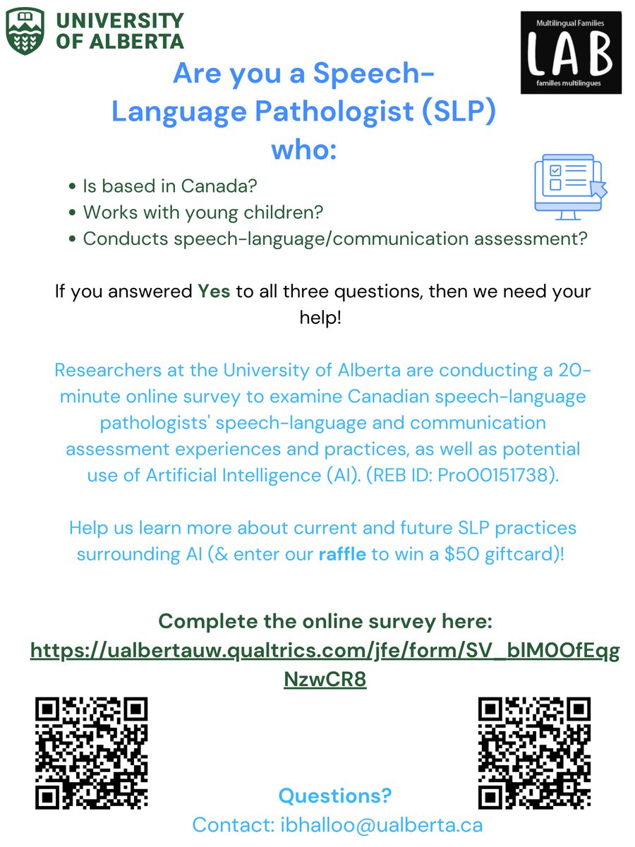 Insiya Bhalloo, PhD (@insiyabhalloo) on Twitter photo 📢 Are you a Speech-Language Pathologist in 🇨🇦?
👶 Work with young children?
🗣️ Conduct speech/communication assessments?
Take our 20-min survey on SLP assessment practices & AI use!
🔗ualbertauw.qualtrics.com/jfe/form/SV_bl…
🎁 Enter to win a $50 gift card!
#SLP #AI
<a href="/UAlberta/">University of Alberta</a> 📢 Are you a Speech-Language Pathologist in 🇨🇦?
👶 Work with young children?
🗣️ Conduct speech/communication assessments?
Take our 20-min survey on SLP assessment practices & AI use!
🔗ualbertauw.qualtrics.com/jfe/form/SV_bl…
🎁 Enter to win a $50 gift card!
#SLP #AI
<a href="/UAlberta/">University of Alberta</a>