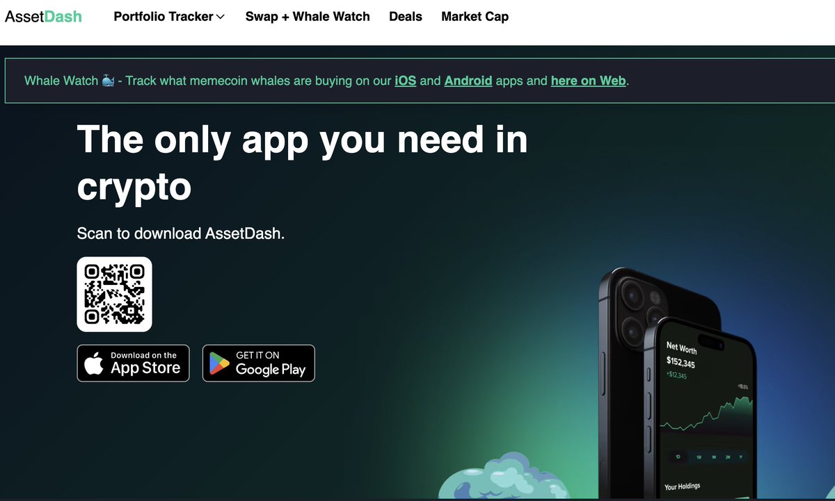 AssetDash app promo showing QR code and mobile mockup