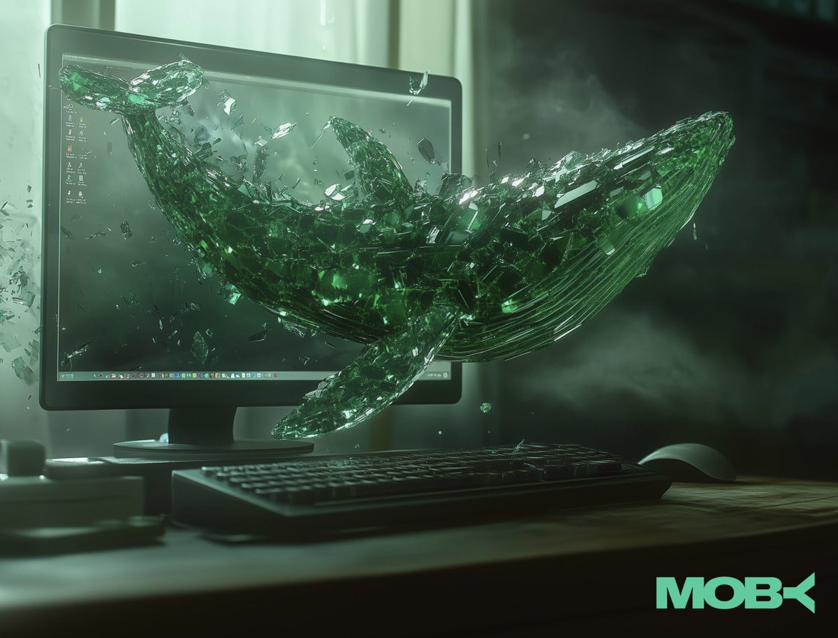 Artistic rendering of a green glass whale emerging from a computer screen with MOBY logo