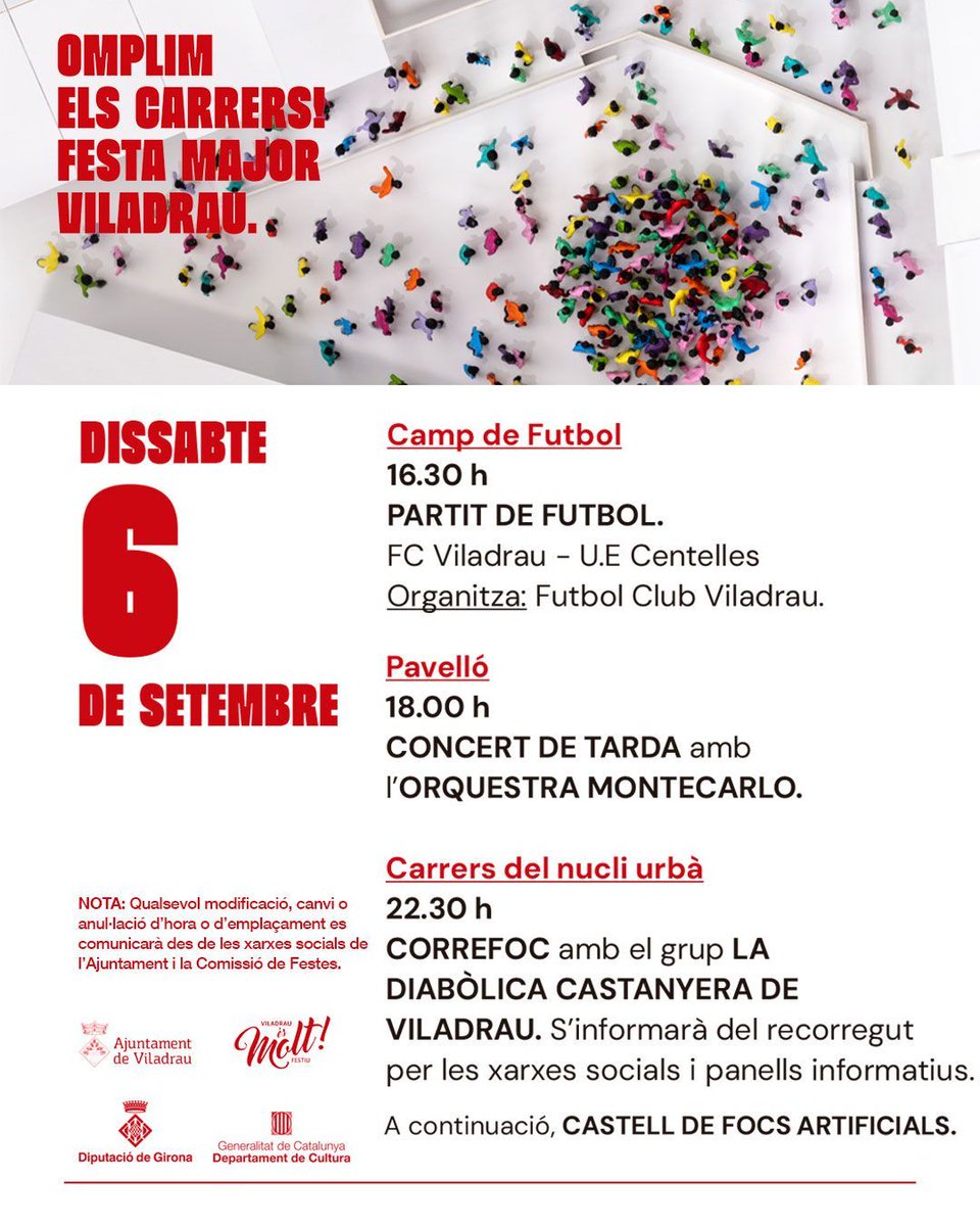 📝 ACTES DE 📅 DEMÀ DISSABTE 6 DE SETEMBRE 🎊🎉 FESTA MAJOR VILADRAU 2025

🏃 XIII Caminada-Cursa
☕ Xocolatada
👫 Cercavila i Ball de Gegants
⚽️ Futbol FC Viladrau - UE Centelles
🎤 Concert Montecarlo
🔥 Correfoc
🎉Ball de Confeti

ℹ️ Més informació:
🌐 bit.ly/4fh3VDT