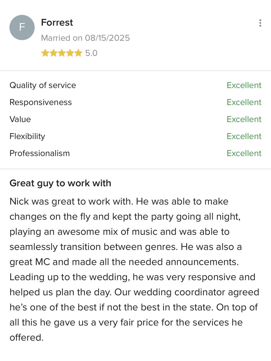 djnickscott's tweet photo. For nearly 23 years, this has remained the main reason I do what I do. There’s no greater sense of accomplishment than reading reviews like this. I’m thankful that God has blessed me with the talent to bring joy to others through these moments. #review #testimonial #wedding #dj https://t.co/VFUGWt74NZ