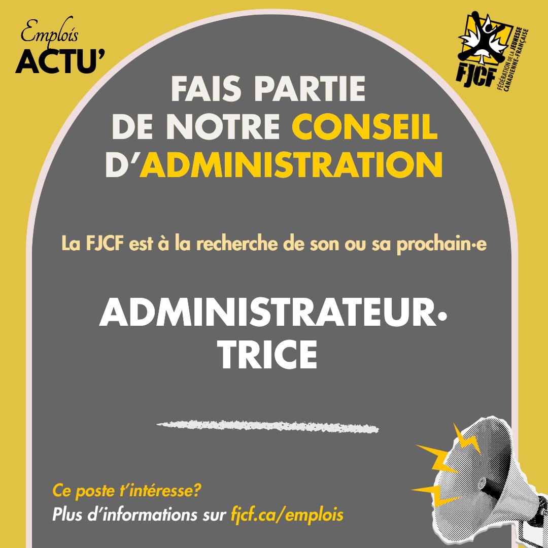 La FJCF recherche des personnes dynamiques et engagées, aux profils variés et issues de divers horizons, pour siéger à son conseil d’administration. 

Postule avant le 12 sept. directement depuis fjcf.ca/emplois-et-app… 

#FJCF #PARetPOUR #Leadership #JeunesEngagees #Francophonie