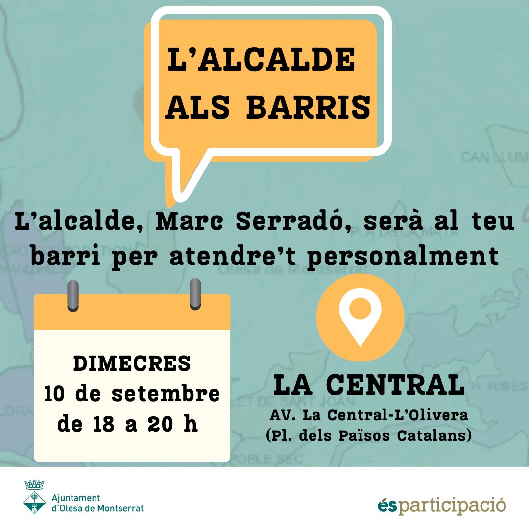🔴 PARTICIPACIÓ

📅 Dimecres 10 de setembre torna L'aldalde als barris, en concret, al #barri de La Central.

De 18 a 20 h, trobareu a l'#alcalde d'#Olesa, @MarcSerrado, al local de l'AV, a la pl. dels Països Catalans. Us hi esperem per resoldre dubtes i inquietuds.